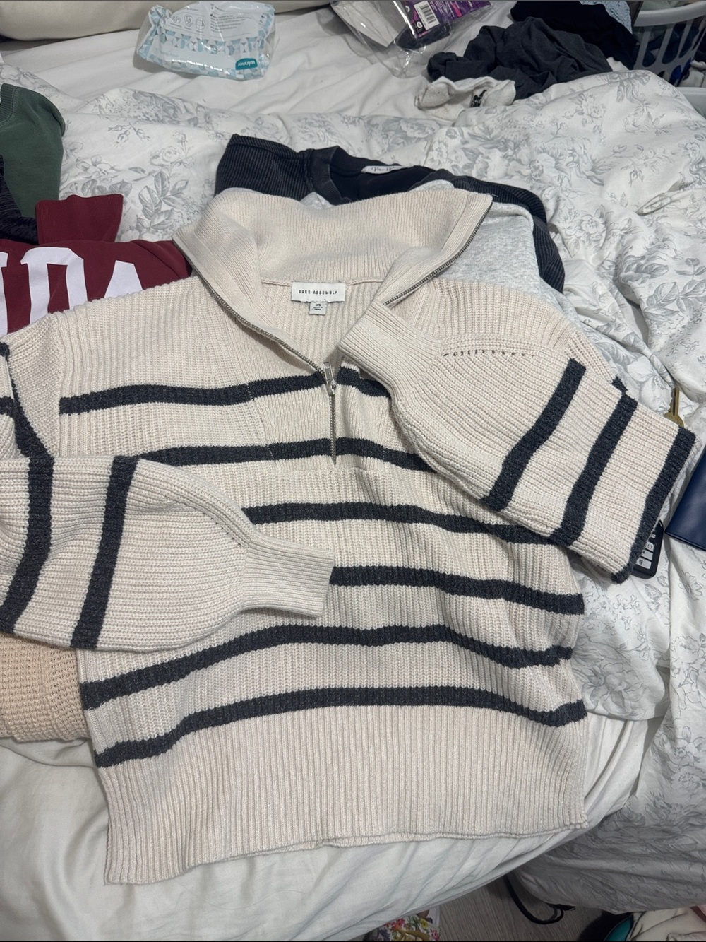 Free Assembly Cream & Black Striped Zip-Up Sweater